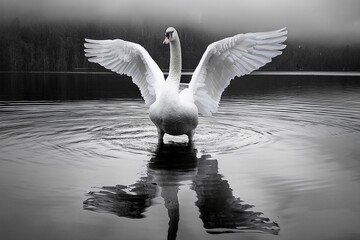 black and white photo of a swan with wings spread, standing on water, reflection in the style of digital minimalism