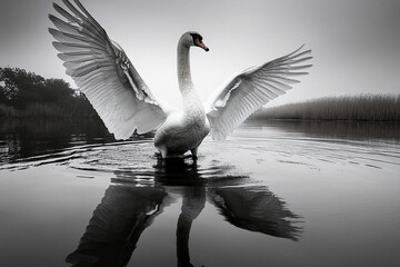 black and white photo of a swan with wings spread, standing on water, reflection in the style of digital minimalism