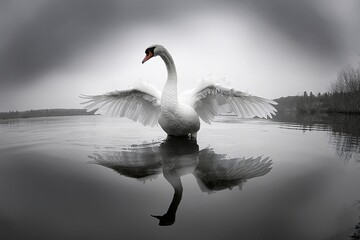 black and white photo of a swan with wings spread, standing on water, reflection in the style of digital minimalism