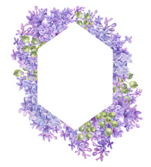 watercolor lilac border, transparent backdrop, lilac frame, png, spring arrangement, purple, green, 
