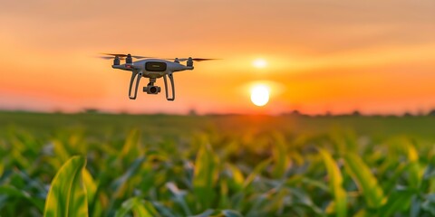 Capturing Modern Farming Techniques A Drone's View of a Sunset Over a Cornfield. Concept Agricultural Innovation, Drone Photography, Sunset Landscape, Modern Farming Techniques, Cornfield Beauty
