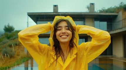 Fototapeta premium Rainy Day Joy: Latin Woman in Stylish Yellow Raincoat