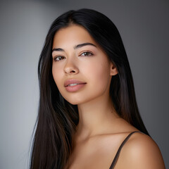 Naklejka premium Hair care, glow or woman with beauty, portrait or style for confidence, results or keratin treatment. Face, shine or girl model in studio on grey background for wellness, natural growth or cosmetics