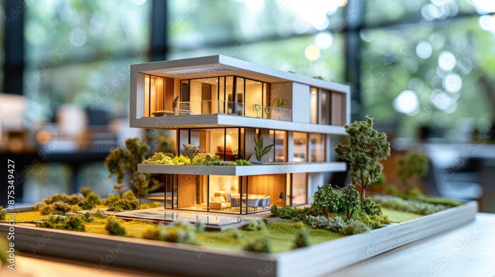 Poster a model of a three story house with a large tree in front of it. the house is made of wood and has a