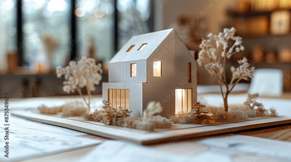 Poster A model of a house is on a table with a view of trees in the background. The house is made of wood and has a modern design