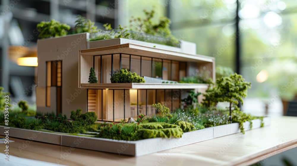 Poster architecture model of a large house with a tree in front of it. the house has a lot of windows and a