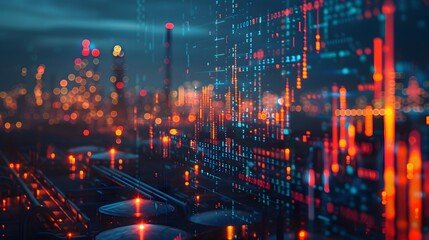 Fototapeta premium Defocused Cityscape with Digital Oil Refinery and Financial Data Display