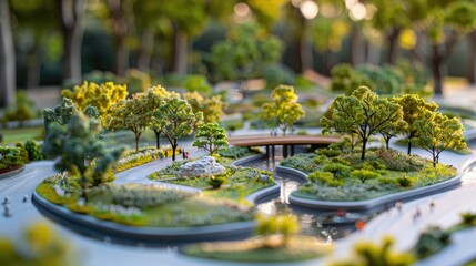 Obraz premium Model of a park with trees and a bridge. The park is designed to be a peaceful and relaxing place for people to enjoy nature