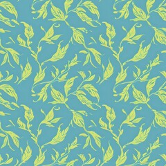 Darker Olive Green Distressed Background with Botanical Pattern