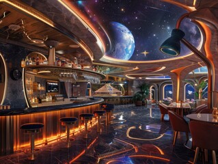 A luxury resort bar and lounge in outer space. Generative AI.