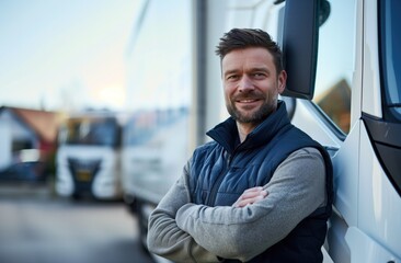 Smiling truck driver in a blue vest near a white truck.