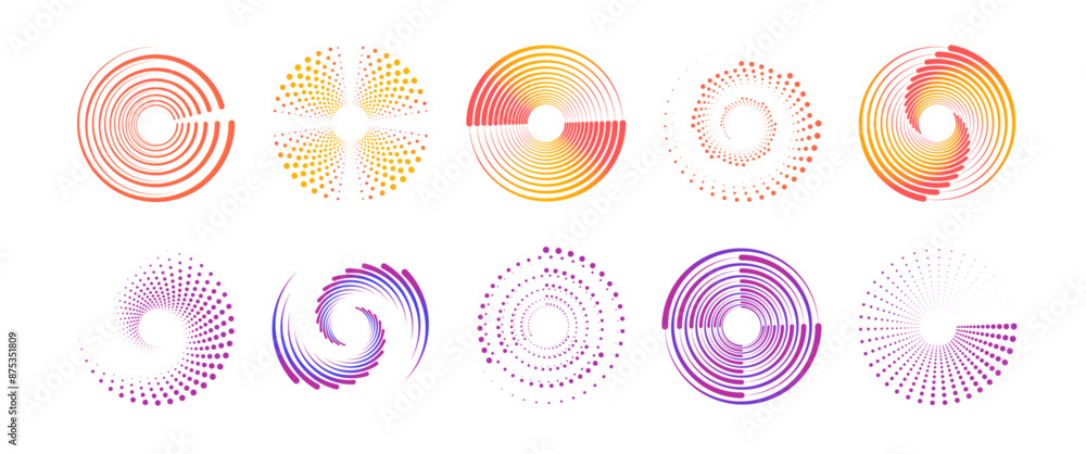 Aufkleber Draw dotted speed lines with new colors on a white transparent background. Abstract round halftone frames, rotating dotted circles. Large collection of round logos. PNG.