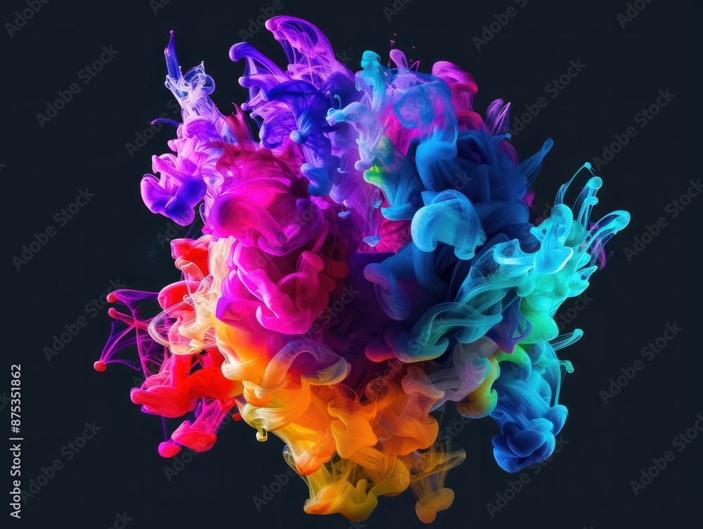 Poster abstract colorful explosion of neon ink on a black background. dynamic and bright display of colors 