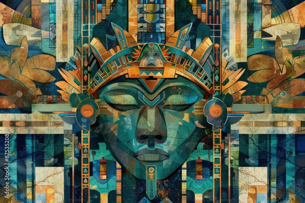 Poster a symmetrical design featuring a vibrant teal and gold abstract geometric pattern with artistic and 