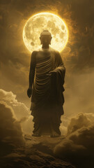 Obraz premium Buddha Shakyamuni in his true human form, with a bright halo on his head, standing on cloud.generative ai