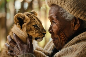 An elderly person is seen gently cradling a lion cub against a serene forest background, showcasing a tender moment between human and animal in nature.