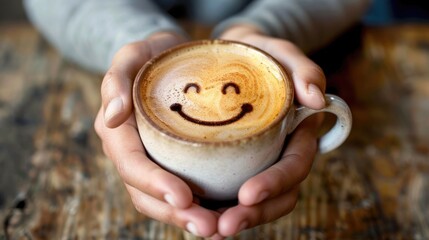 Coffee time. Good day with coffee. Hands holding a coffee cup with happy face. good morning 