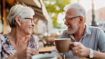 Close-up photo of a two senior person drinking coffee at the cafe in summer bright day while smiling and having a fun conversation, enjoying life in retirement