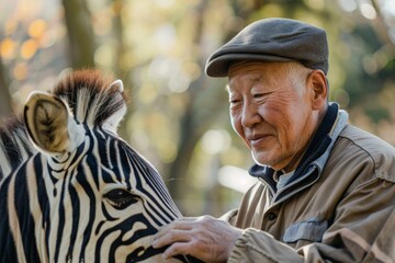 Fototapeta premium A person in a jacket and cap gently petting a zebra, highlighting a serene and immersive moment in nature. The backdrop of trees adds to the tranquility of the image.