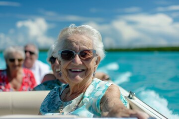 The image features happy elderly women wearing sunglasses and bright clothing, enjoying a boat trip in clear blue waters, with scenic backgrounds of sky and water.