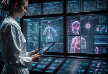 a scientist woman in a lab coat is looking at a tablet screen with breast cancer research data