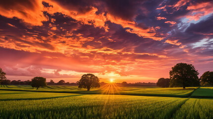 Sunset Glow on Verdant Fields and Trees Sunlight Filtering Through Autumn Trees
