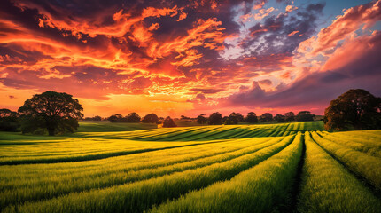 Sunset Glow on Verdant Fields and Trees Sunlight Filtering Through Autumn Trees
