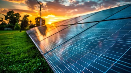 Renewable energy generation with solar panels and wind turbines for sustainable power production