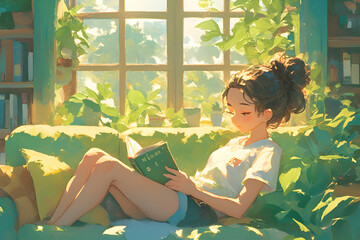 Cozy Girl reading a book on a comfy sofa with a summer breeze and plants by the window. Anime style, Cozy vibes