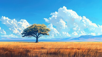 Obraz premium Solitary Tree in a Vast Grassland
