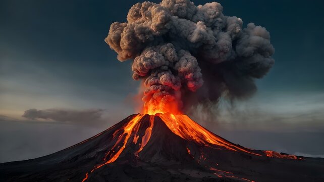 A cinematic image of Mount Fuji spewing lava and smoke.