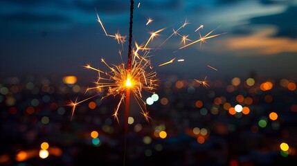 Obraz premium Sparkler glowing against city lights.