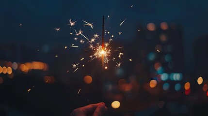 Sparkler in Hand, Night City Lights Bokeh.