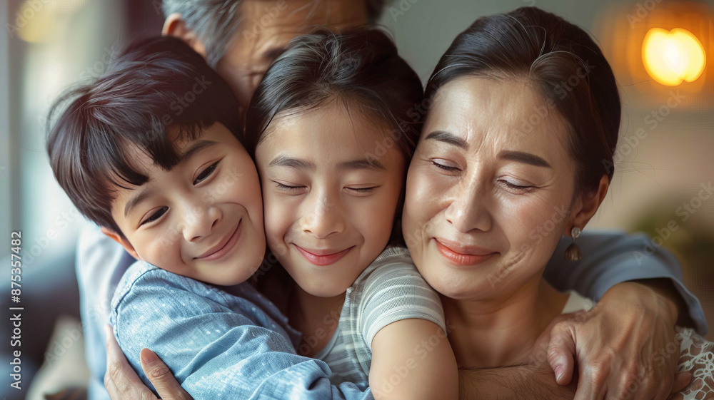 Wall mural an asian family, father hugging mother and son, happy, simple background.generative ai