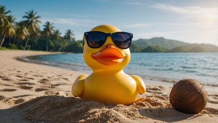 Obraz premium rubber duck wearing sun glasses on the beach