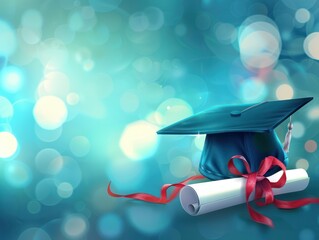 Graduation Cap And Diploma On Blue Bokeh Background