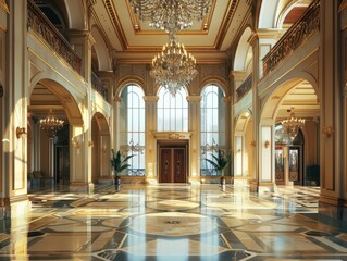 Fototapeta premium Grand Lobby With Chandelier and Hanging Fixture