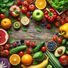 Top view of fresh fruits and vegetables