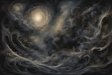 Surreal, dark fantasy landscape with swirling clouds and abstract, jagged mountain peaks, with a mystical and ominous atmosphere, and a central glowing vortex and intricate details, Generative AI.