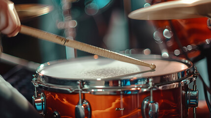 Obraz premium The drummer in action. A photo close up process play on a musical instrument