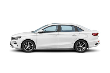 White compact car, small size passenger vehicle isolated. Side view. Transparent PNG image.