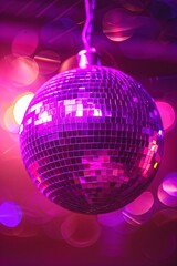 Obraz premium Disco Ball Reflecting Purple Lights.