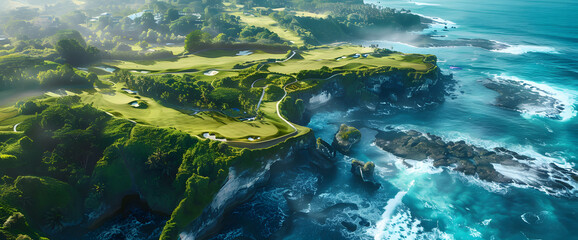 Obraz premium A resort golf course by the sea, on a beautiful sunny day. A long hole par 5 hole by the seashore design
