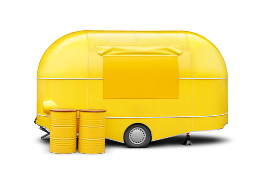 Yellow trailer food multi-stop truck trailer with two barrels as table isolated. Transparent PNG image.