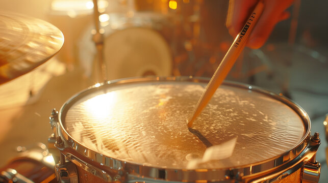The drummer in action. A photo close up process play on a musical instrument