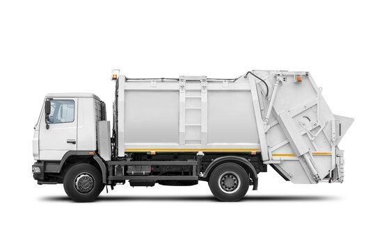 A garbage truck, dustbin lorry, dustcart, refuse collection vehicle to collect municipal solid waste isolated. Transparent PNG image.