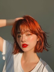 Fototapeta premium A woman with red hair and red lipstick.