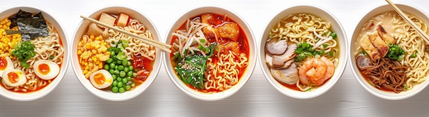 various ramen dishes in round bowls, isolated on white background