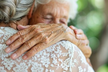 Fototapeta premium Close-up of senior womans wrinkled hands embracing another woman, love and support in old age.