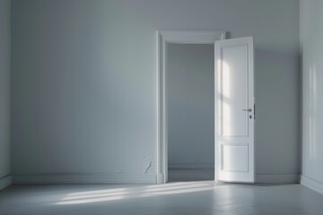 An empty room with pale walls and a white open door. Sunlight streams in, casting shadows on the bare floor.